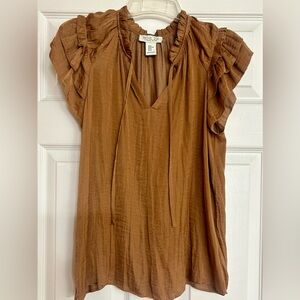 Rachel Zoe Brown Flutter Sleeve Blouse with Ruffled Tie Front